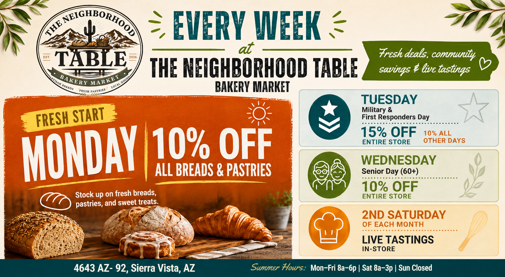 Neighborhood Table weekly specials flyer with Monday 10% off breads and pastries, plus Tuesday, Wednesday, and Saturday deals.