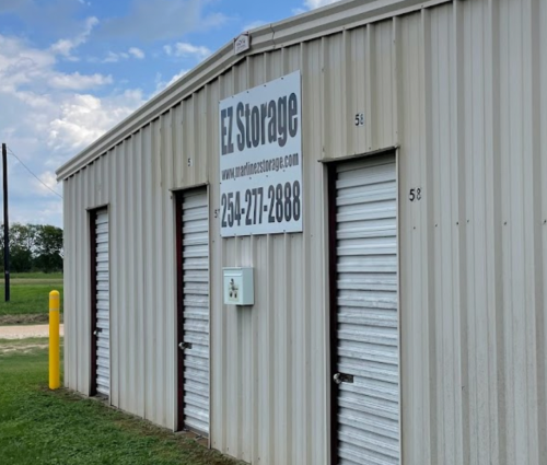 Marlin EZ Storage drive-up units with sign showing website and phone number 254-277-2888