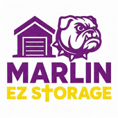Logo for Marlin EZ Storage featuring a purple storage unit icon, a bulldog head, and the text in purple and yellow.