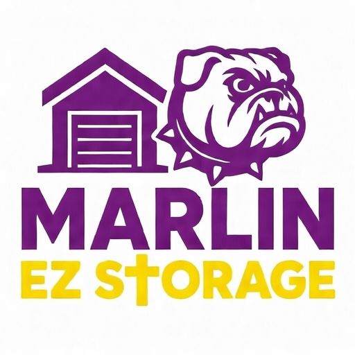 Logo for Marlin EZ Storage featuring a purple storage unit icon, a bulldog head, and the text in purple and yellow.
