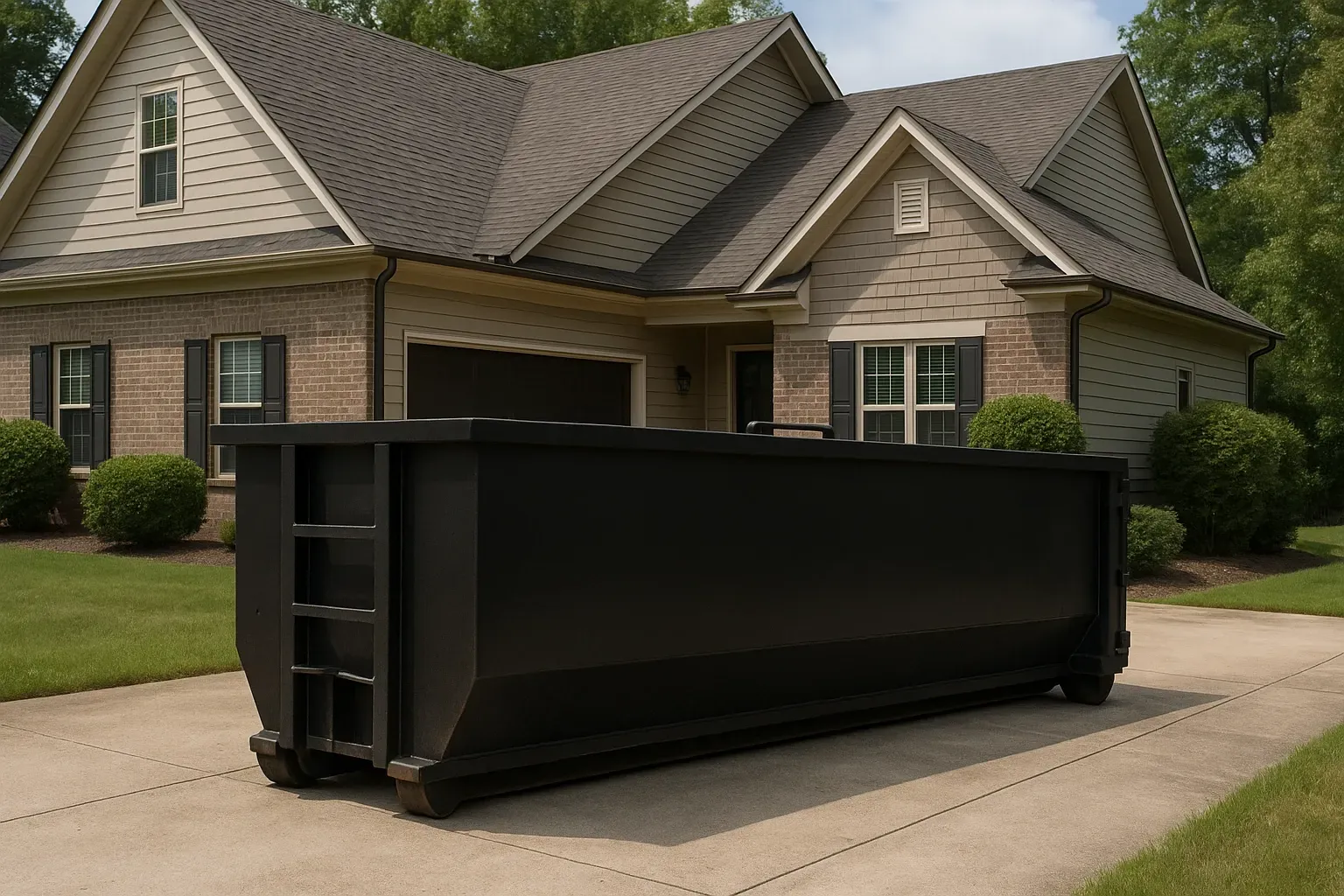A large black dumpster is parked in front of a brick house.