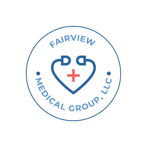 Fairview Medical Group, LLC logo with blue heart and red cross inside a blue circle