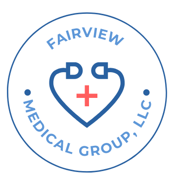 Fairview Medical Group, LLC logo with blue heart and red cross inside a circular blue border