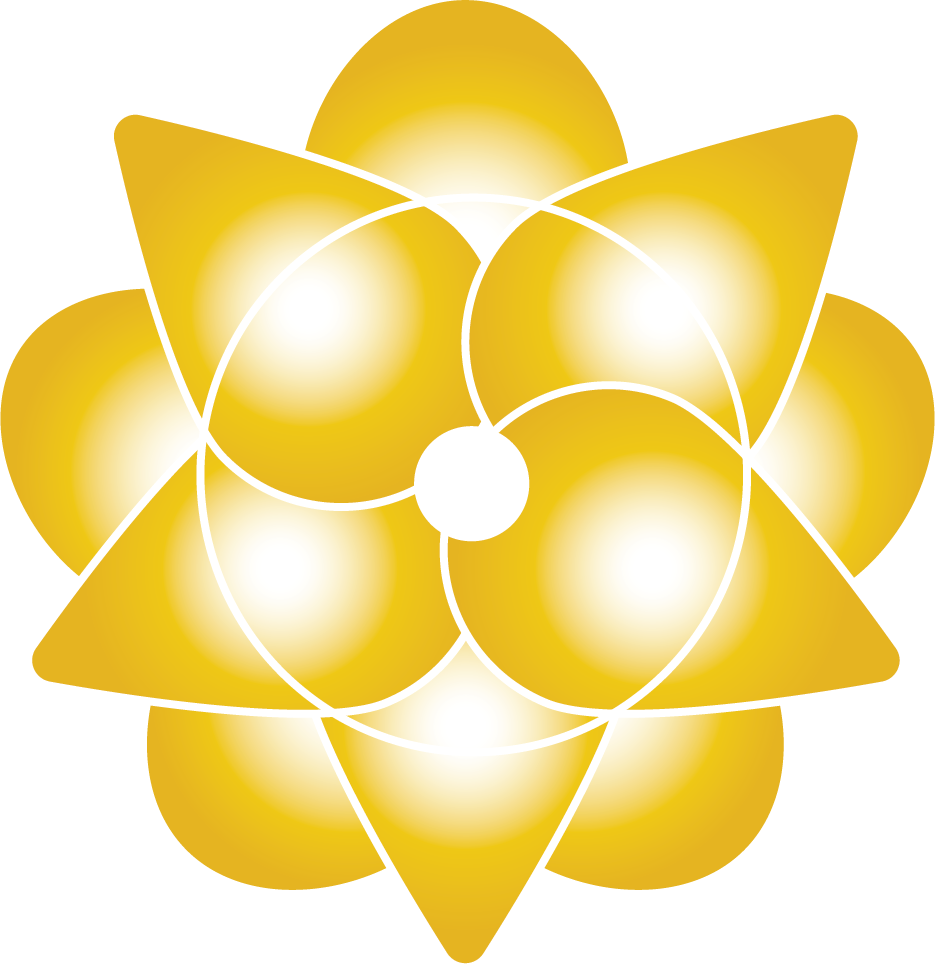 Golden geometric flower with overlapping shapes and central white dot.