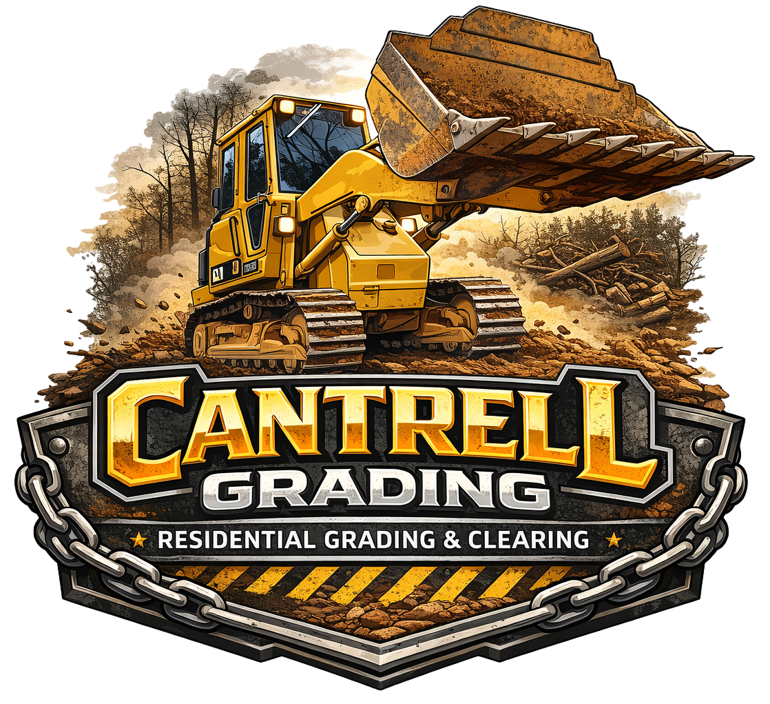Cantrell Grading logo with a yellow bulldozer and bold gold text, “Residential Grading & Clearing”