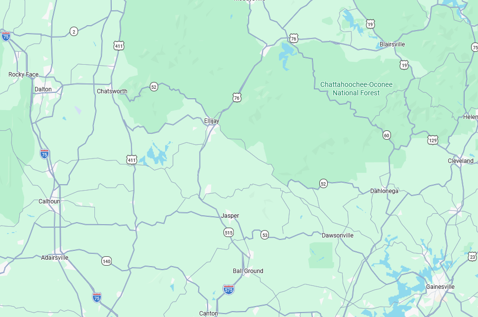 Map showing roads, towns, and green terrain with blue waterways.