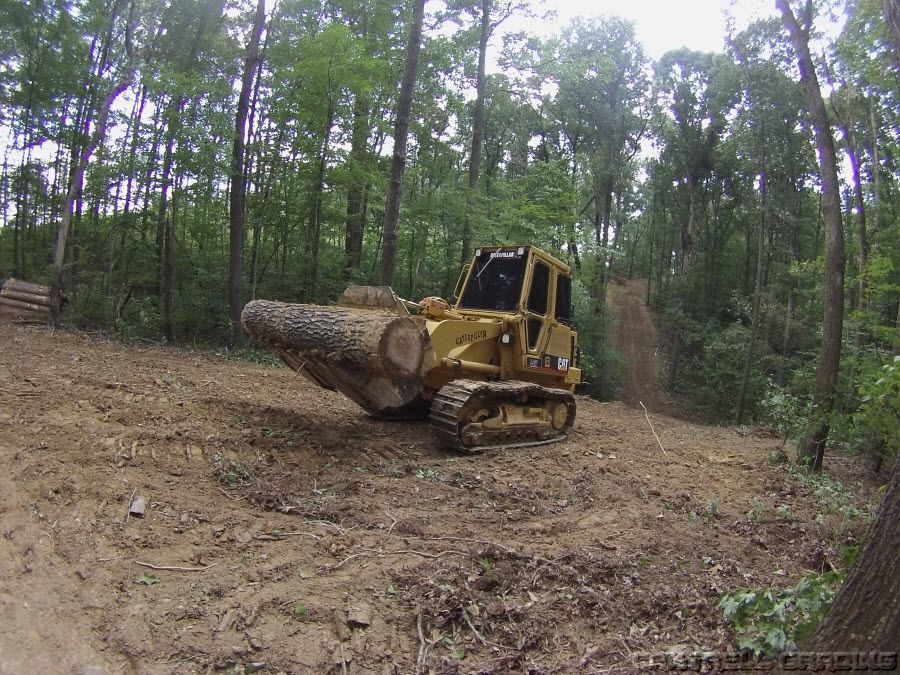 Yellow bulldozer clearing a muddy forest path among trees