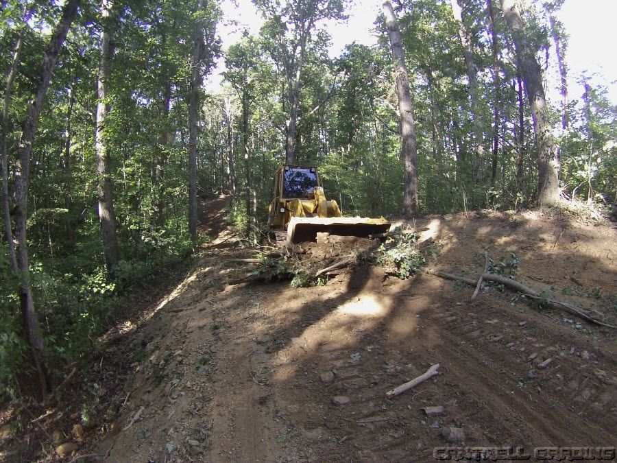 Bulldozer on a dirt slope in a wooded forest clearing