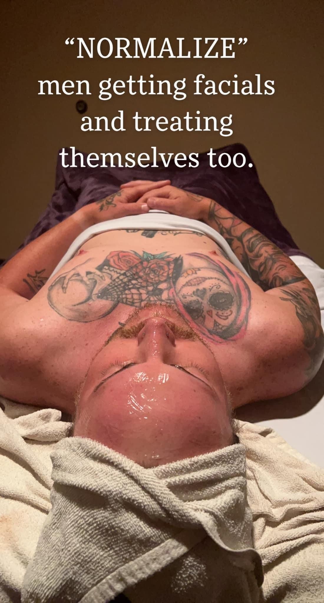 Man getting facial, laying on table with towel, text: 