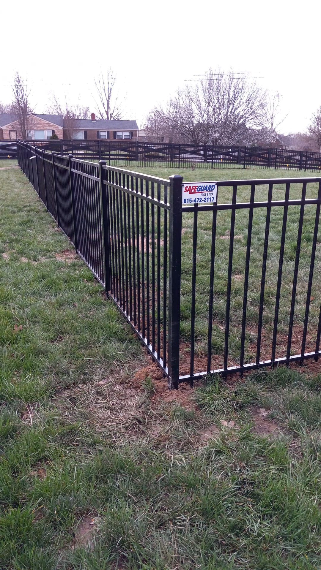 Black metal fence surrounds a grassy area, in front of buildings and trees.