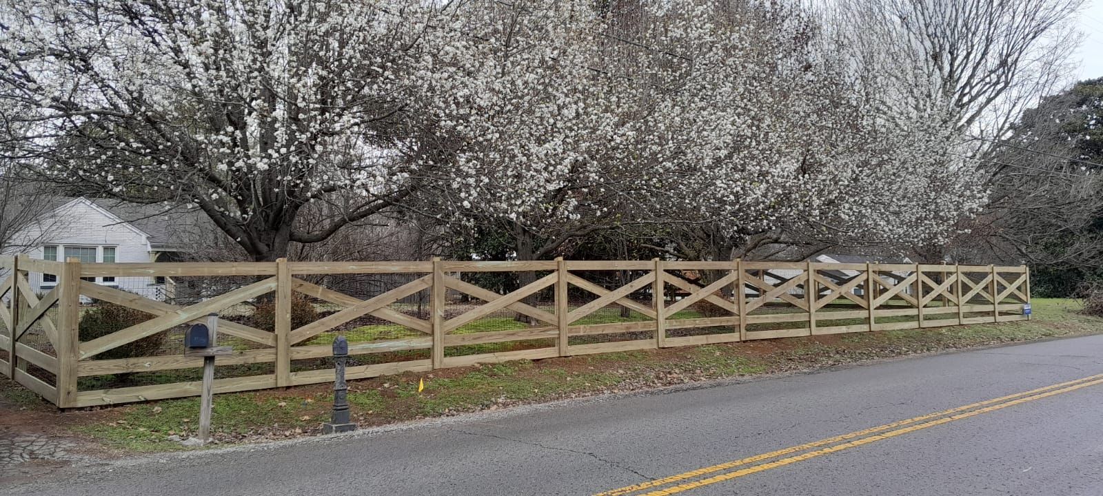 Wooden fence along a road, in front of a house, and under a blooming tree.