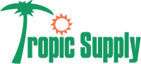 Tropic Supply logo with green palm tree, orange sun, and green text on white background