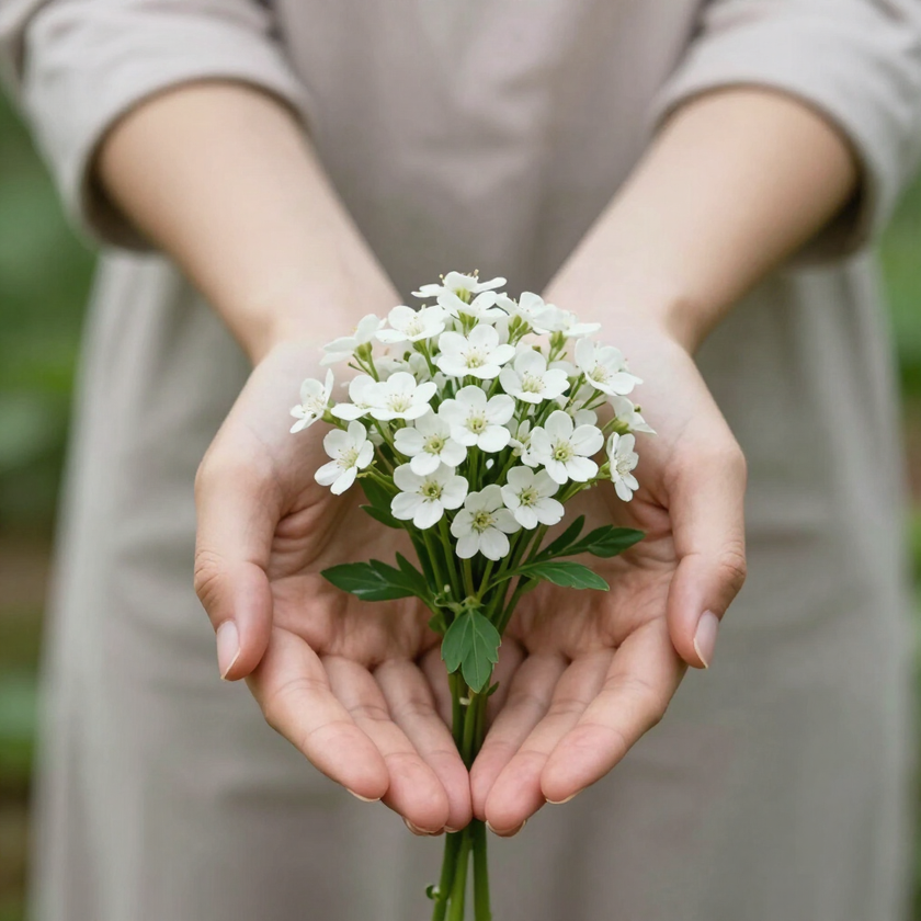Manos sosteniendo delicadamente un pequeño ramo de flores blancas sobre un fondo verde suave