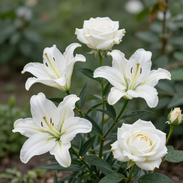 Lirios blancos y rosas en flor en un jardín verde, en primer plano