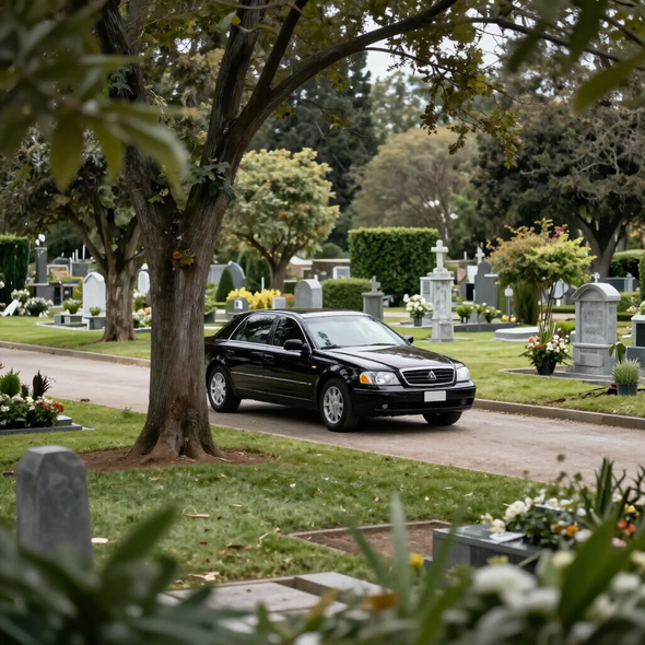 Un coche fúnebre negro circula por un cementerio bordeado de lápidas y árboles