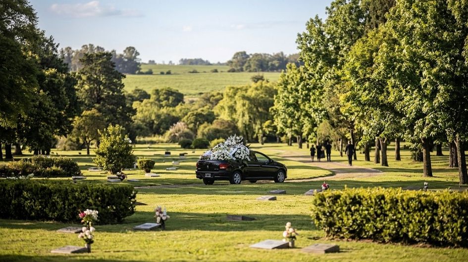 Coche negro en un camino de césped de un cementerio, con árboles, flores y lápidas en primer plano
