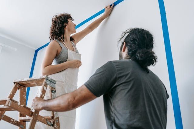 Person standing on a ladder putting tape on a wall while another person holds the ladder