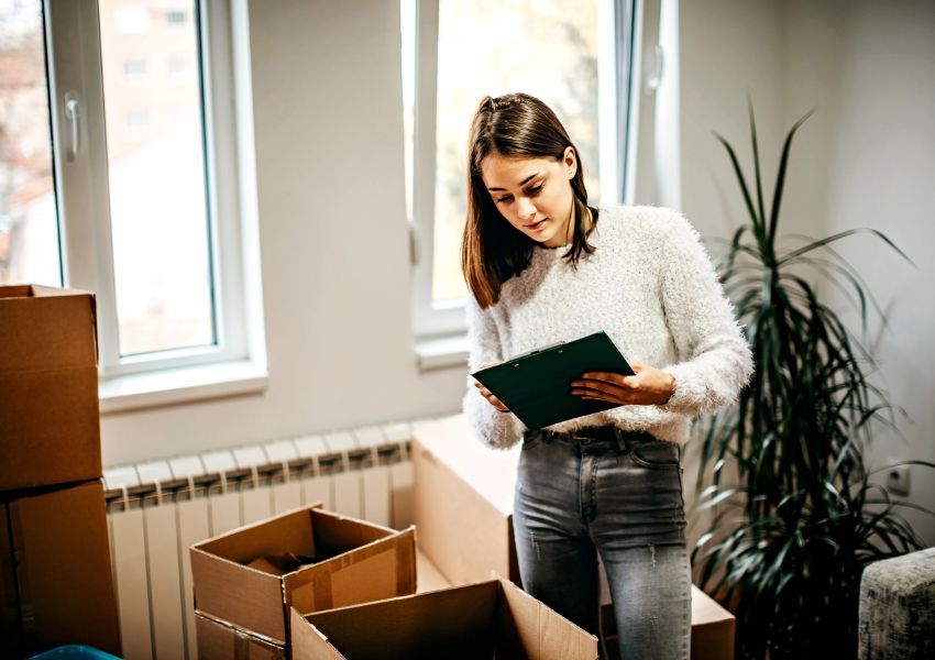 tenant using a checklist while surrounded by moving boxes