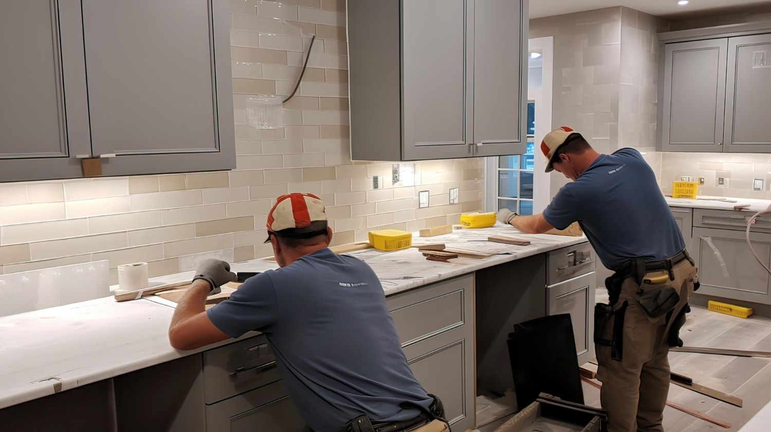 Two workers kneel at a kitchen counter installing cabinets and backsplash under gray cabinets.