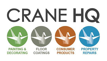 CRANE HQ logo with four colored circles for painting, floor coatings, consumer products, and property repairs
