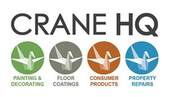 CRANE HQ logo with four colored circles for painting, floor coatings, consumer products, and property repairs
