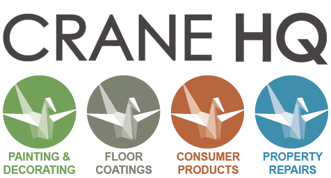 CRANE HQ logo with four colored circular icons for painting, floor coatings, consumer products, and property repairs