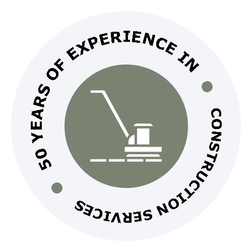 Logo reading “50 years of experience in construction services” around a crane icon in a circular gray design