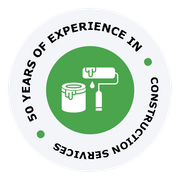 Circular logo for construction services with green paint roller and bucket, “50 years of experience” text.