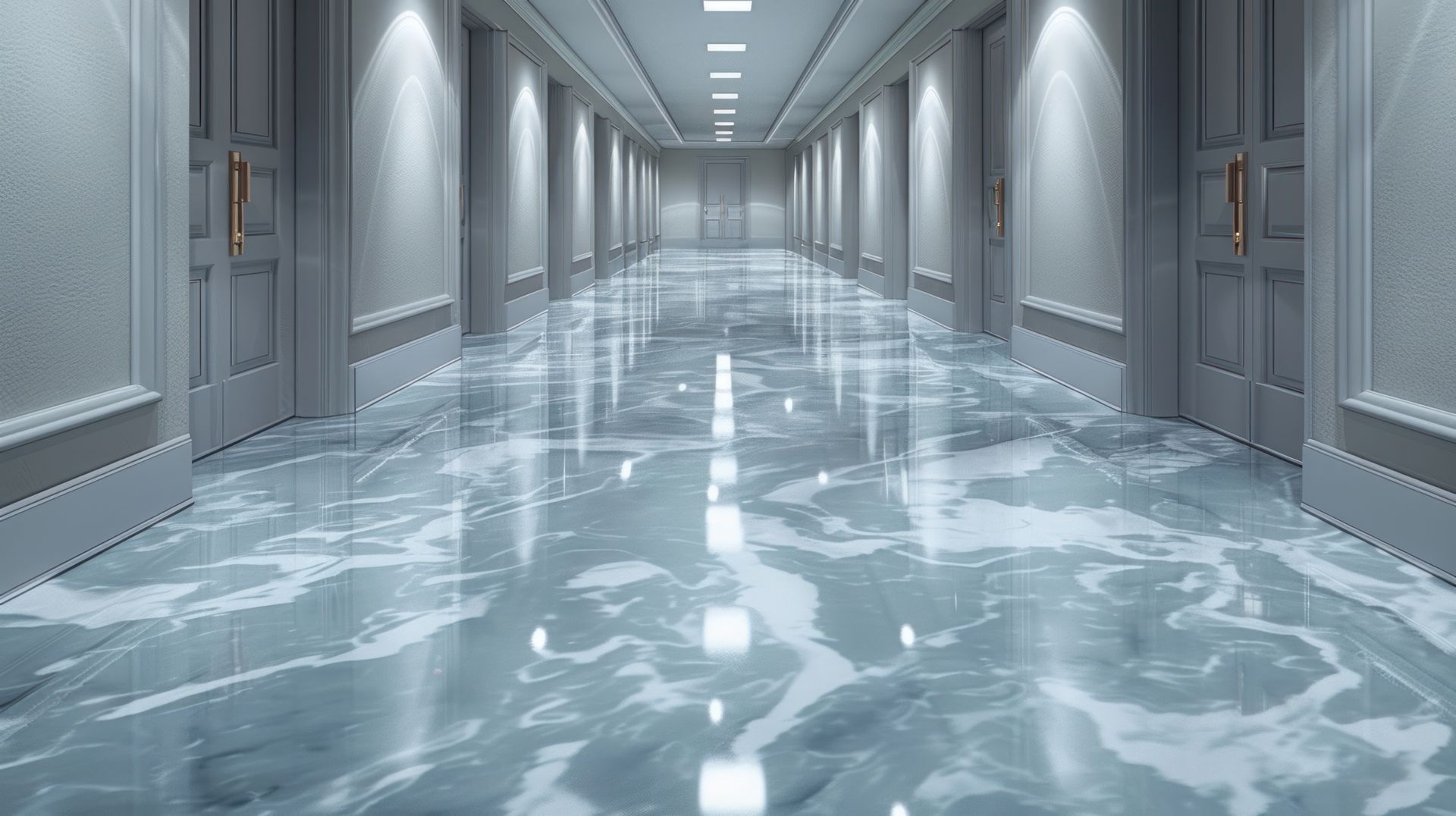 Empty modern hallway with glossy marble floor and gray walls, viewed from the center