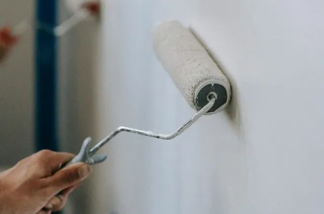 Hand painting a white wall with a paint roller and tray