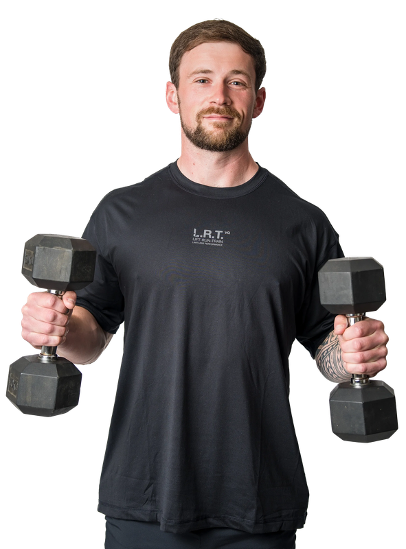 Man holding two dumbbells at his sides, wearing a dark T-shirt on a white background