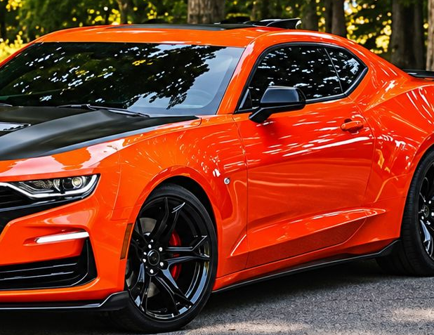 Bright orange sports coupe parked on a road with trees in the background