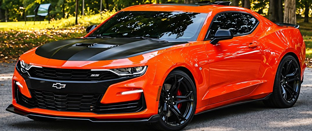 Orange sports car parked on a tree-lined road in daylight