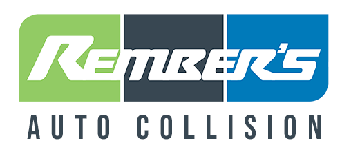Logo for Rember's Auto Collision, with the company name in white on a green, gray and blue background.