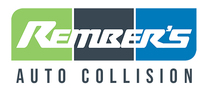 Logo for Rember's Auto Collision, with the company name in white on a green, gray and blue background.