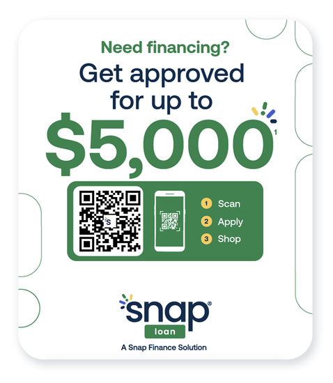 Snap finance ad: “Need financing? Get approved for up to $5,000” with QR code and Snap logo.