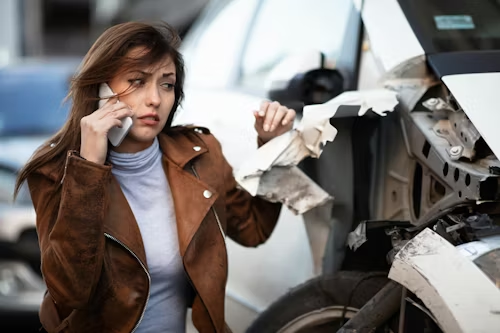 A person with a worried expression stands next to a damaged car while speaking on a cell phone.
