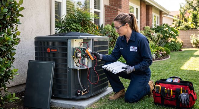 Technician inspecting a home air conditioner unit outside a house with tools nearby