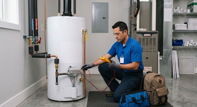 Technician using a wrench to inspect a water heater in a utility room