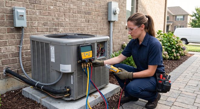 Technician kneeling beside an outdoor HVAC unit, using tools and testing wires near a house wall.