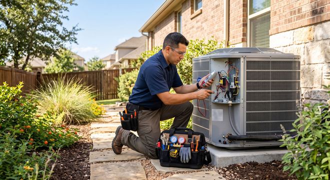 Technician kneeling beside a home air conditioner, using tools to service the unit outside a house.