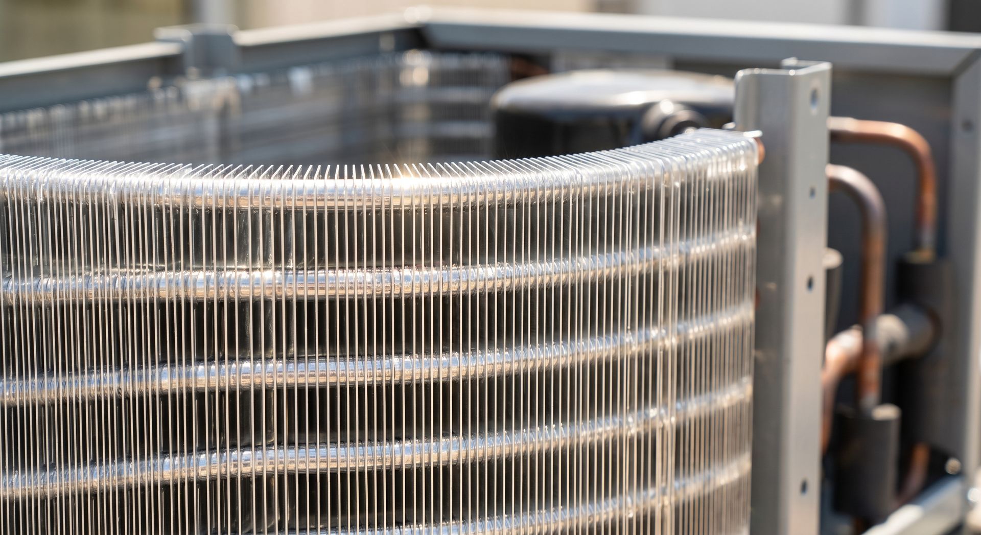 Close-up of a metallic HVAC condenser coil with copper tubing and fins