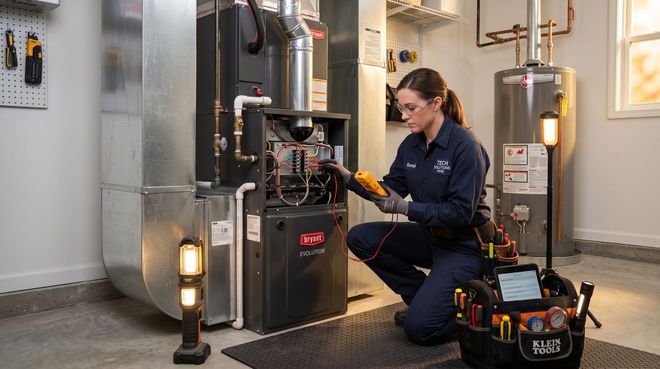 Technician kneeling beside a gray boiler, inspecting controls in a utility room with equipment and tools.