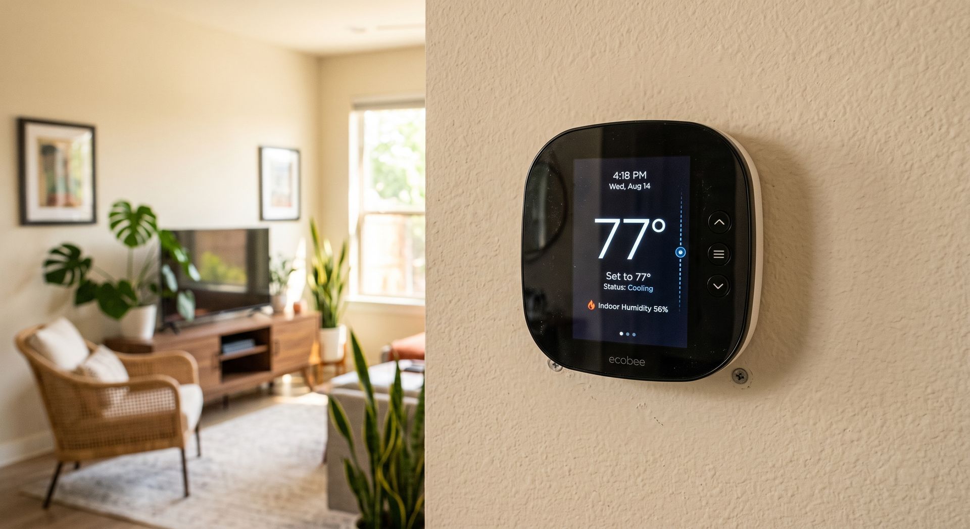 Living room with chairs and plants beside a black wall thermostat showing 77°