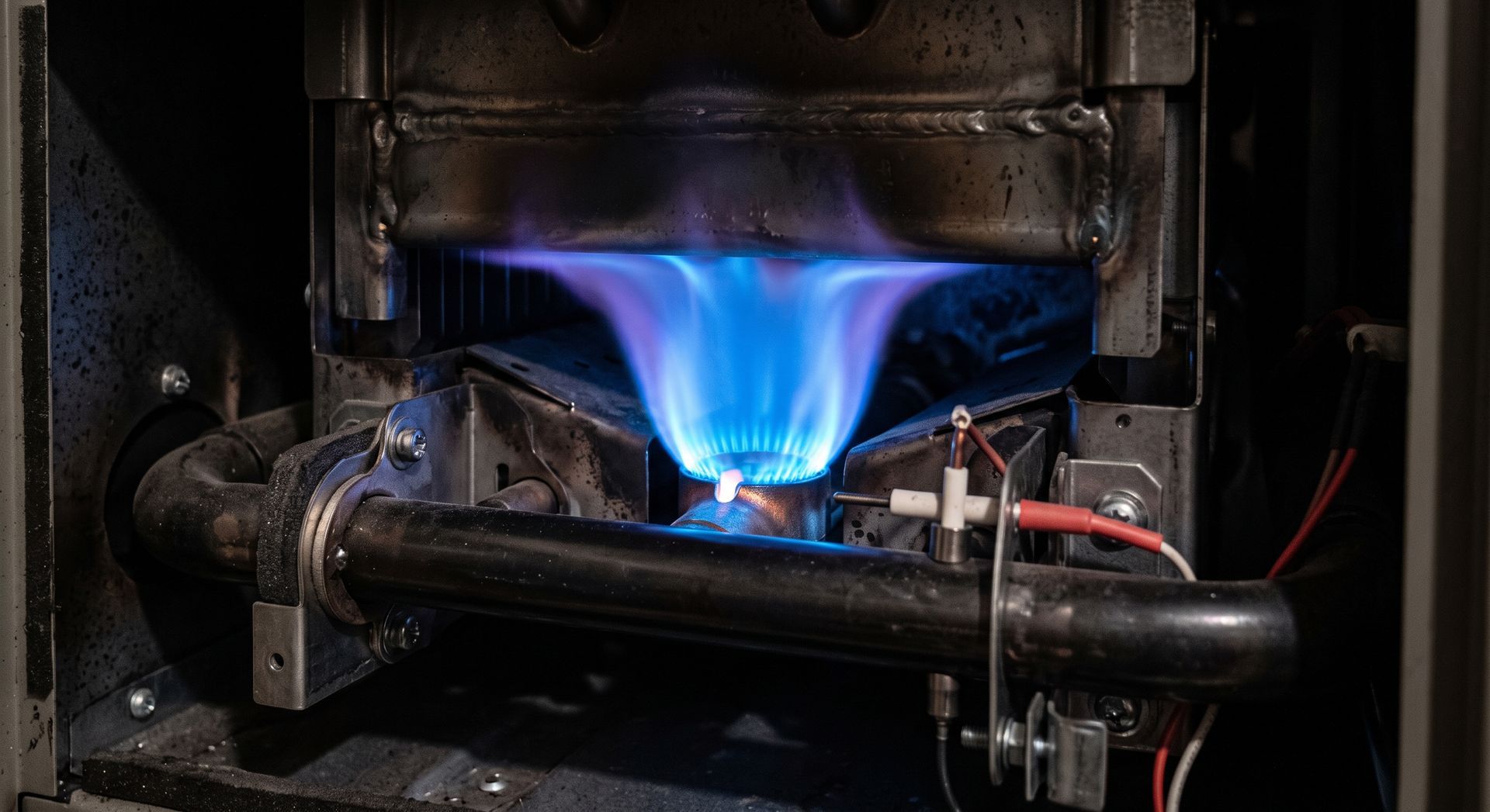 Blue gas flame heating a black metal pipe inside an industrial furnace.