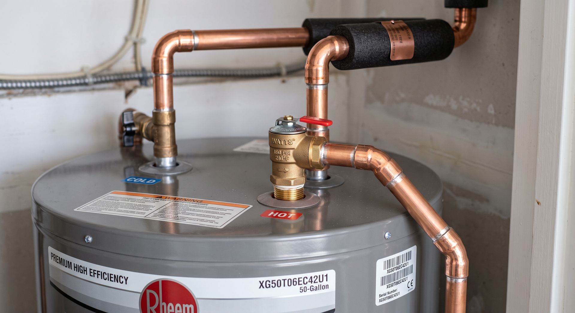 Copper pipes and a gas line connected to a gray water heater in a utility area