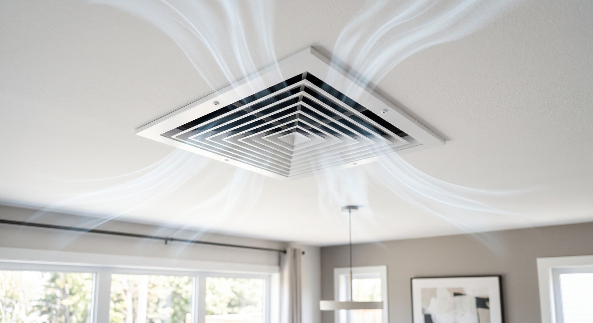 Ceiling air vent with dust or vapor trails in a bright modern room