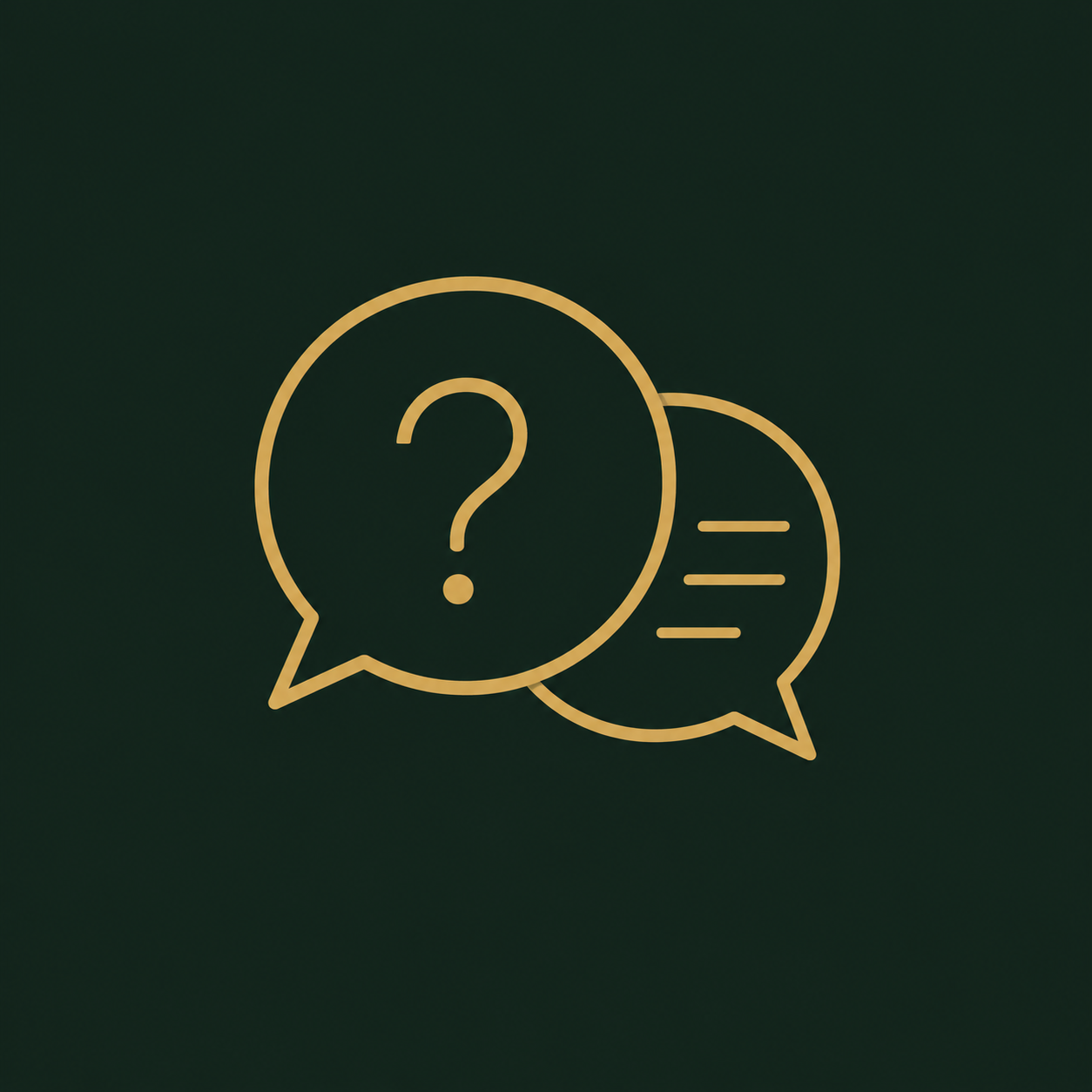 Two gold chat bubbles with a question mark on a dark green background