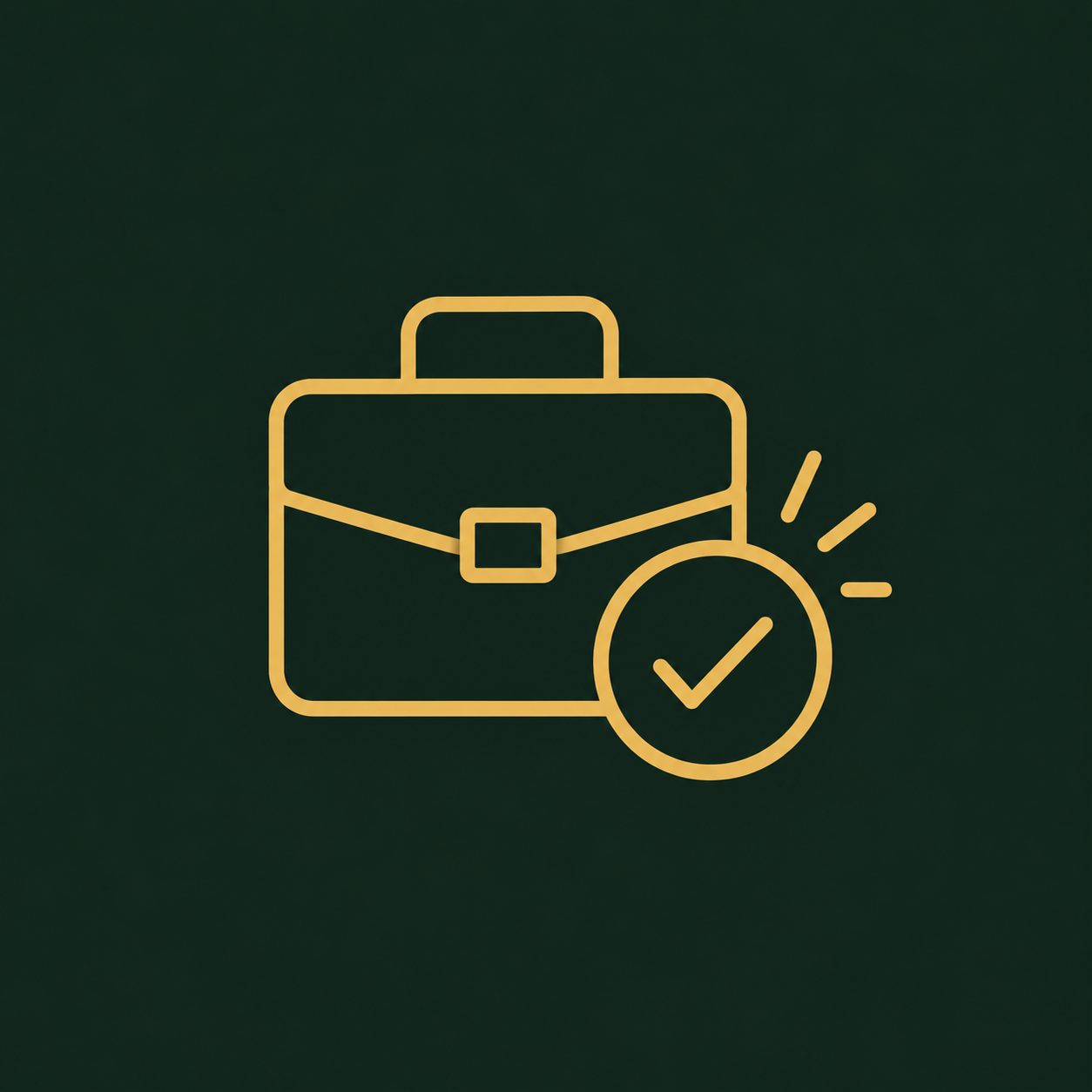 Golden briefcase with checkmark on dark green background, suggesting approval or completed business task