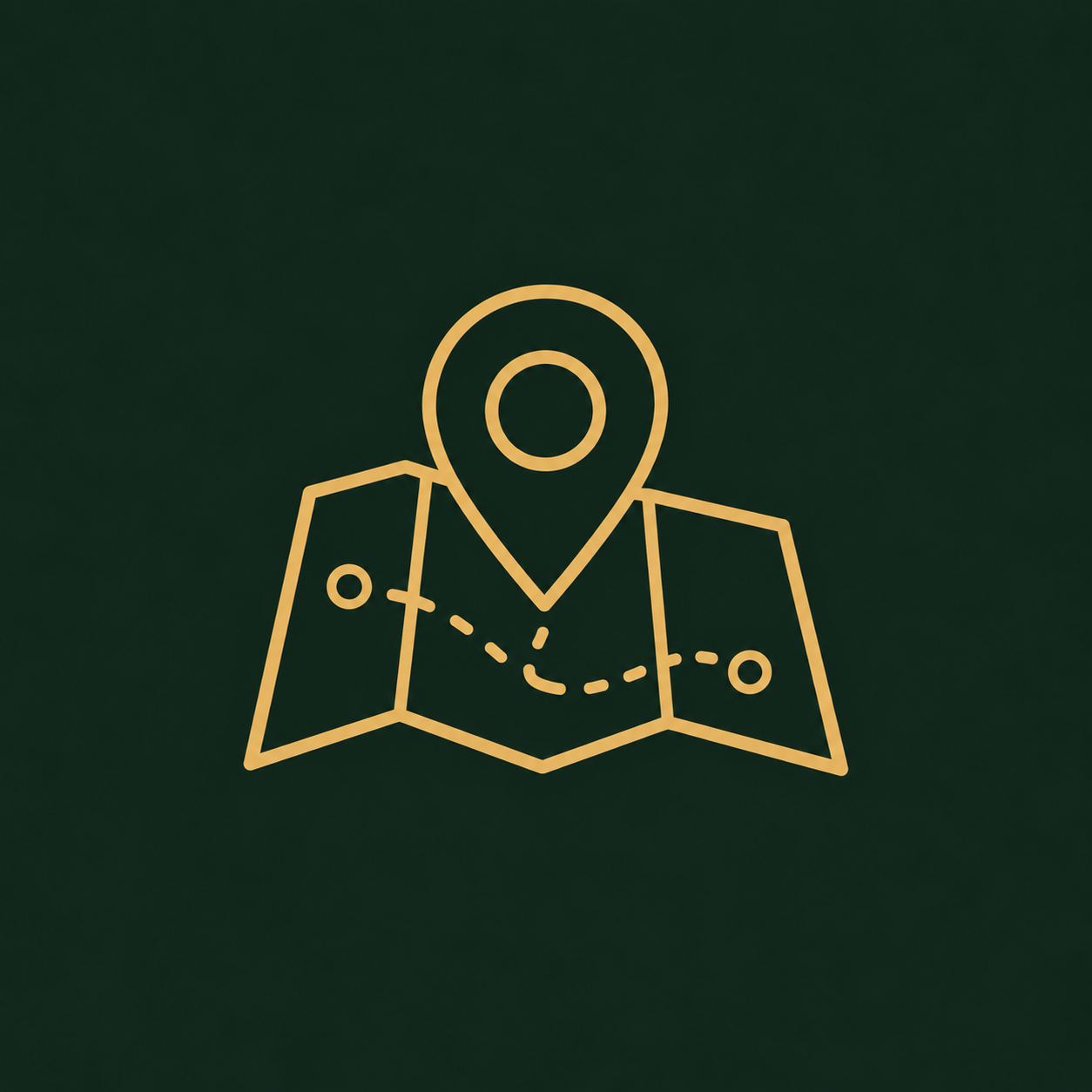 Gold line icon of a folded map with location pin on a dark green background